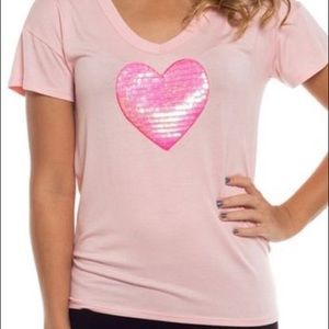 Pink Sequin Heart V Neck T Shirt Size L